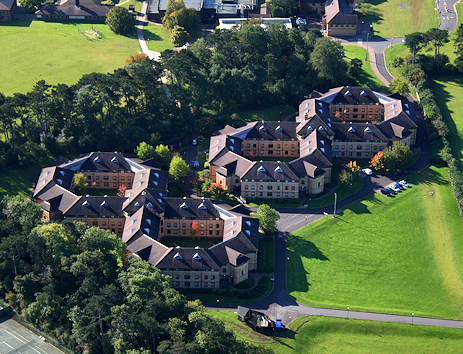 Aerial view of two halls of residence - two quads each