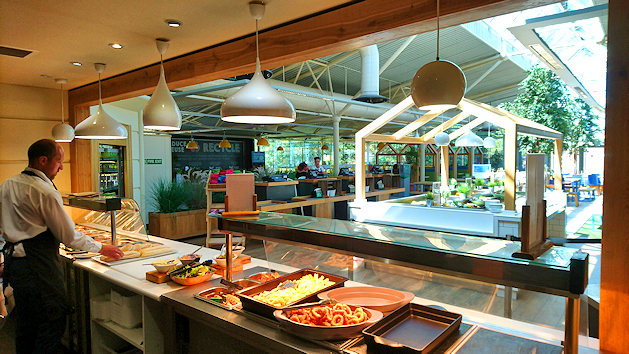Restaurant viewed from behind food counter