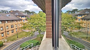 Looking sideways out of a window in halls, with the view reflected in the window on the right