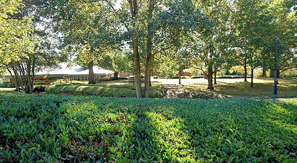Students relax in the sunshine outside Holdenby and the gold disc above