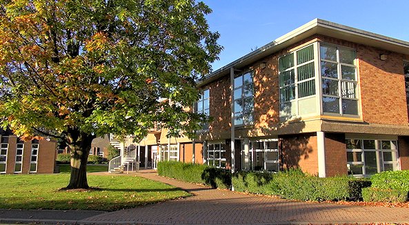 Double-height building with tree to the left, in the sunshine