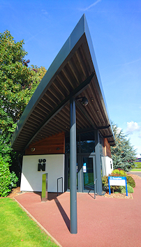 The striking angular Reception Building
