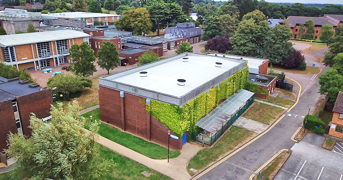 Aerial view showing Sports Hall and other buildings